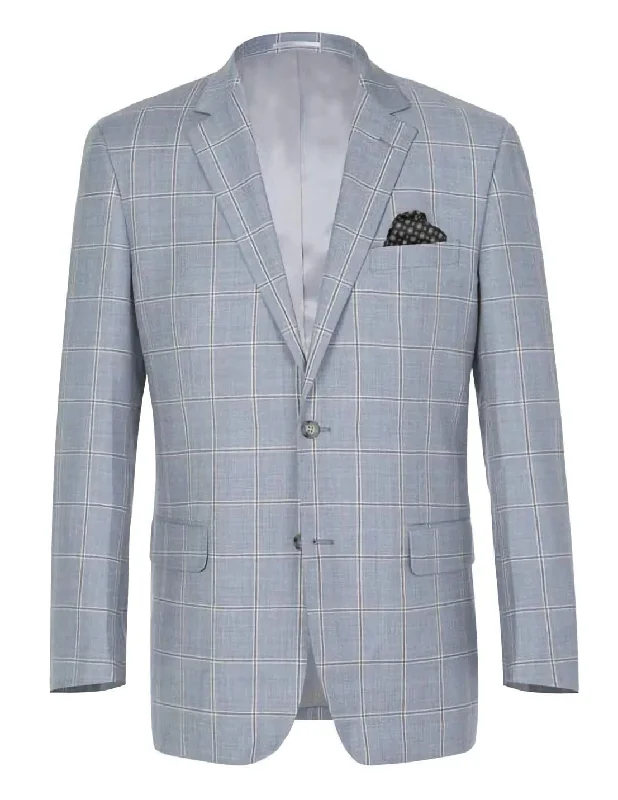 Wool Windowpane Pattern Regular Fit 2 Button Blazer in Stone Blue Trendy Men's Scandinavian