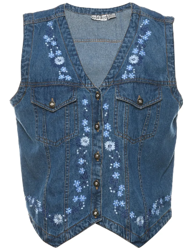 Floral Pattern Denim Jacket Vest - M Organic