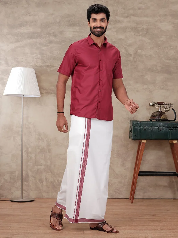 Men Maroon Matching Border Dhoti & Half Sleeves Shirt Set BB5 Earthy Men's Sustainable 