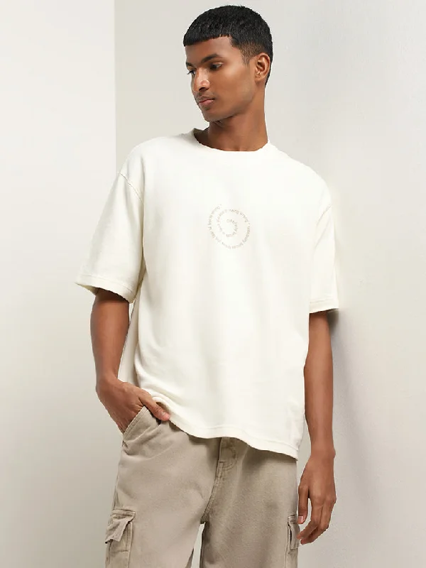 Nuon Off-White Spiral Text Relaxed-Fit Cotton T-Shirt Business