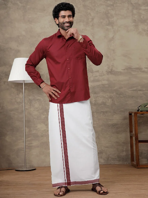 Men Dark Red Colour Shirt With Matching Border Dhoti Set Evolution Streetwear Style