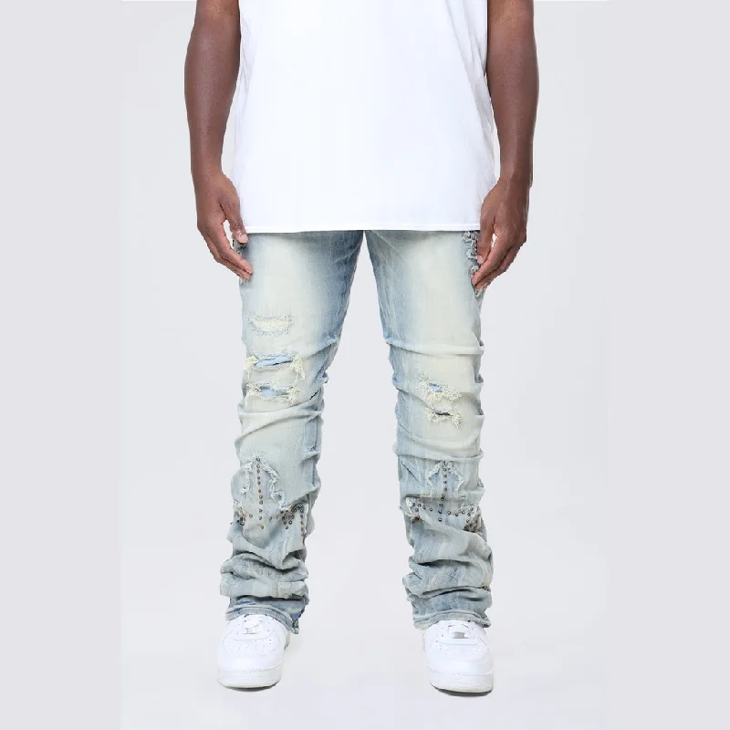 Big and Tall - Lazy Stacked Western Studded Denim Jeans - Milky Blue Minimalist Men's Casual 