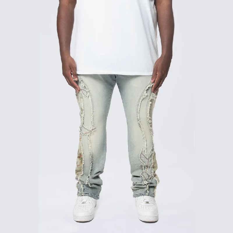 Big and Tall - Stacked Pinched Flared Tapestry Paneled Jeans - Vanilla Blue Dynamic Men's High