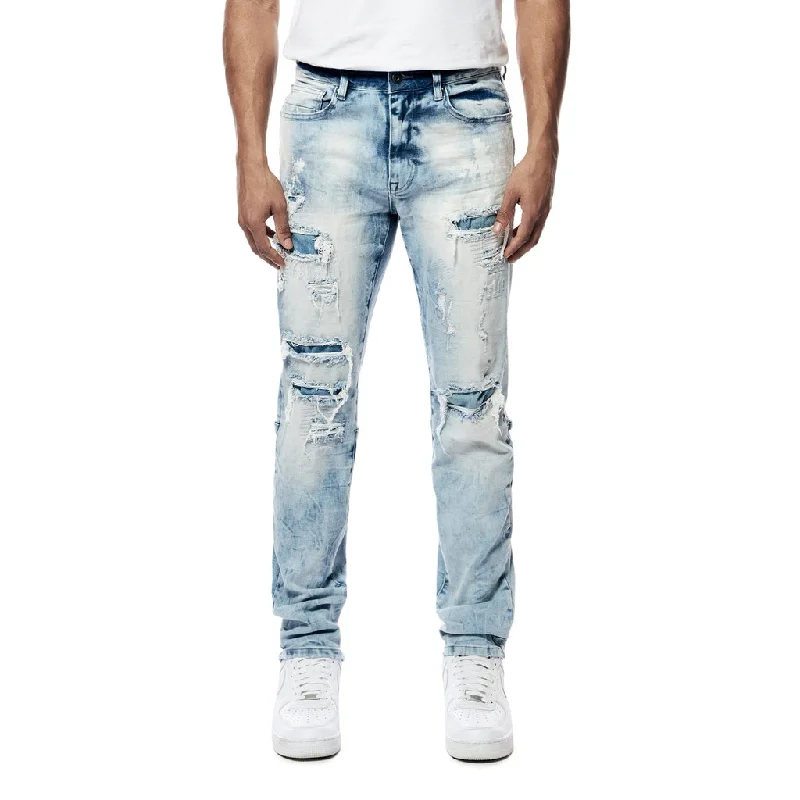 Bleach Washed Rip & Repaired Jeans - Cabana Blue Artistic Men's Hand