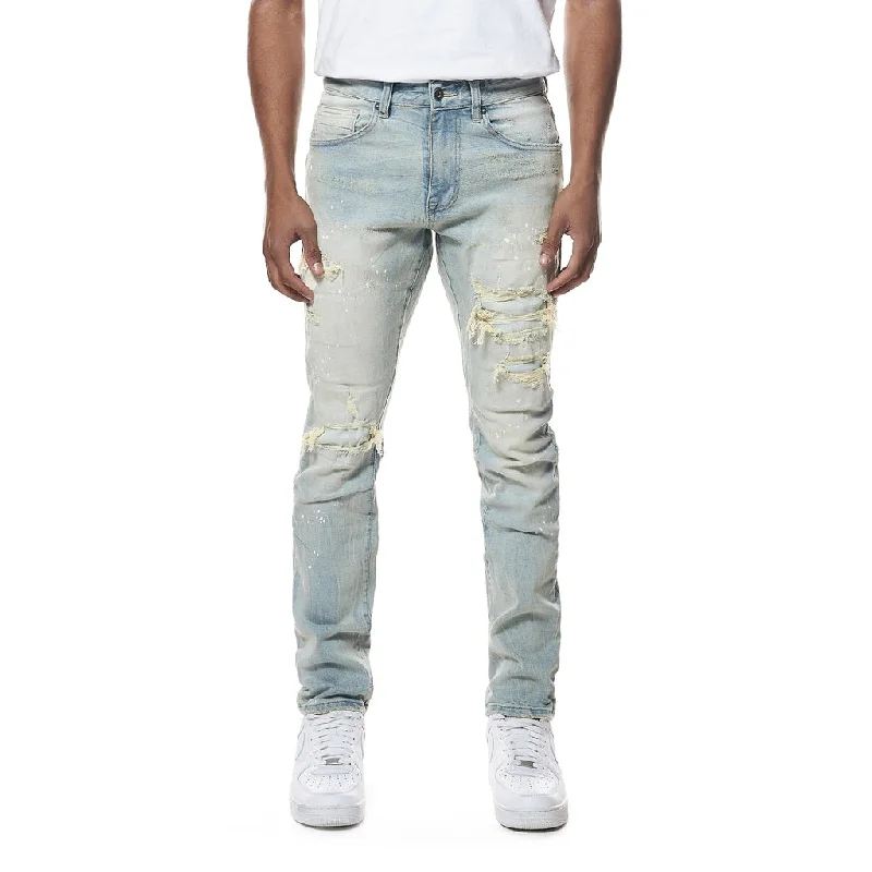 Distressed Rip & Repair Slim Tapered Denim Jeans - Elm Blue Lumberjack