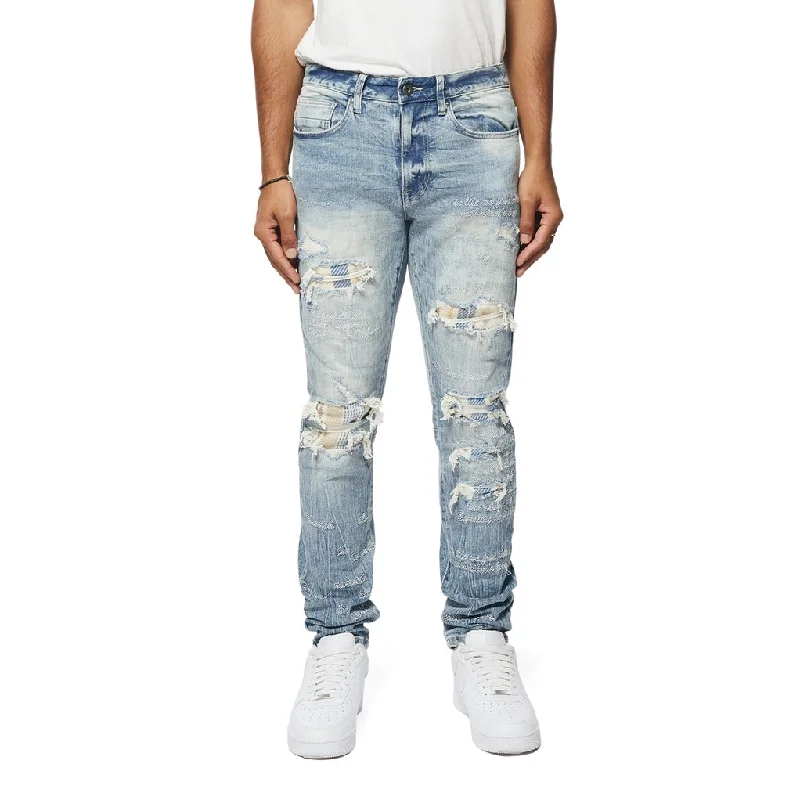 Embroidered Plaid Backed Denim Jeans - Lowell Blue Bold Men's Animal