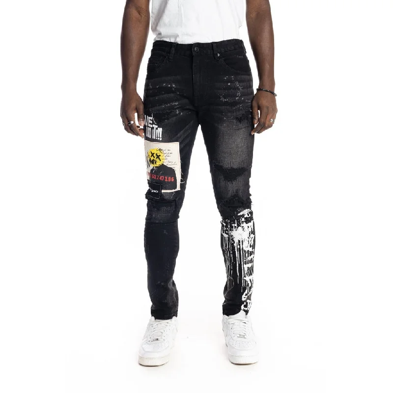 Graphic Patched Fashion Jeans - Dusty Black Practical Men's Multi