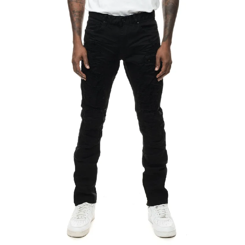 Heavy Rip & Repair Slim Tapered Jeans - Jet Black Polished Men's Satin