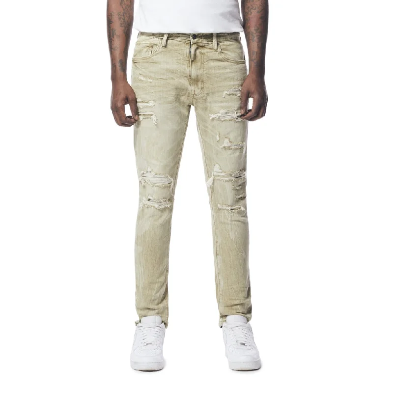 Rip And Repaired Color Denim Jeans - Light Oak Confident Men's Power