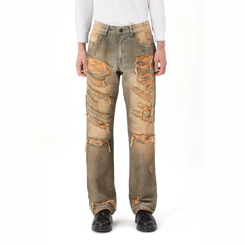 Rip & Repair Curved Denim Pants - Brown Blue Modern Men's 