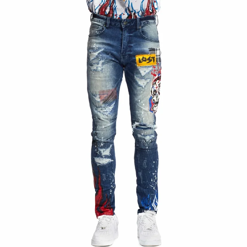 Skull & Flame Graphic Denim - Pebble Blue Laid